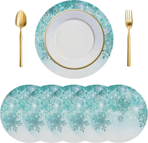 Vista 5 de Juego de 6 manteles individuales redondos, copos de nieve sobre rojo oscuro, resistentes al calor, para mesa de comedor, decoración de Navidad