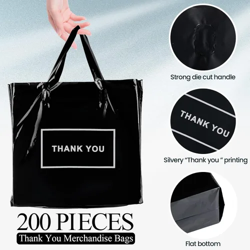 Vista 4 de Teling 200 piezas de bolsas de plástico "Thank You" al por mayor, bolsas de mercancía para bodas y negocios, 9 x 12 pulg, 12 x 15 pulg, 15 x 18 pulg