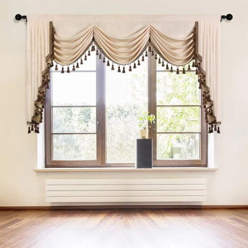 Vista 23 de ELKCA Cenefa de cortina de felpilla beige para ventana de sala de estar, cenefa de cascada para dormitorio, bolsillo para barra