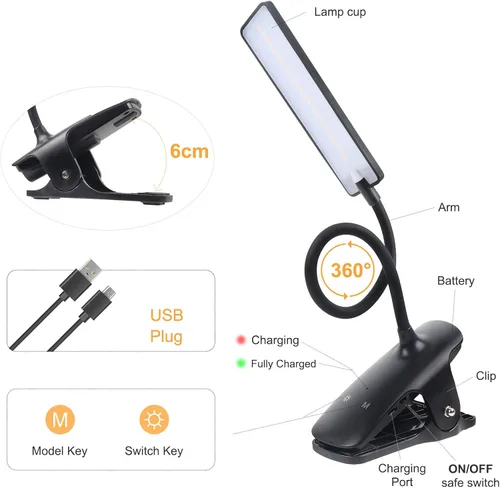 Vista 3 de Luz de Lectura LED con Clip Recargable USB Luces para Libros, 24 LEDs Lámpara de Cama Nocturna de Cuello Flexible, Control Táctil Lámparas