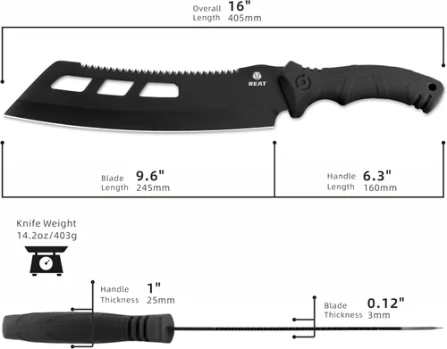 Vista 2 de REAT Machete con sierra, machete resistente de 16 pulgadas con funda, cuchillo de jardinería de doble propósito para cortar y aserrar, mango