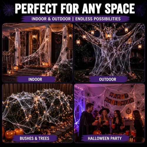 Vista 6 de Boao 6 telarañas elásticas de Halloween con 12 arañas de plástico para decoración de Halloween en interiores y exteriores