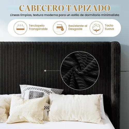 Vista 4 de SHA CERLIN - Base de cama tamaño Full tapizada en pana con plataforma y cabecera acolchada con diseño acanalado vertical estilo wingback, 8
