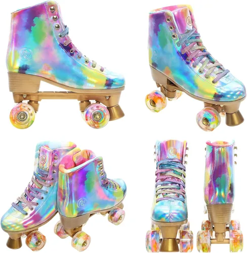 Vista 5 de JajaHoho Patines de ruedas para mujer, patines holográficos de alta calidad de piel sintética, patines brillantes de doble fila con cuatro ruedas