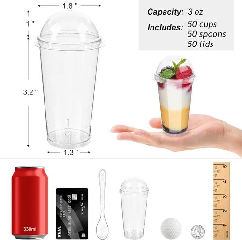 Vista 2 de Zezzxu Mini tazas de postre de 3 onzas con tapas y cucharas, paquete de 50 vasos de plástico transparente para postres pequeños vasos de chupito