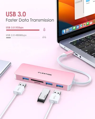 Vista 4 de LENTION Concentrador USB C 6 en 1, 3 USB3.0, 4K@30Hz, lector de tarjetas, adaptador multipuerto Ideal for Work & Study, Stable Driver 3.0