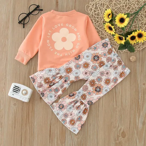 Vista 4 de Ropa de otoño e invierno para niñas pequeñas, manga larga, estampado de flores, tops y pantalones de pana