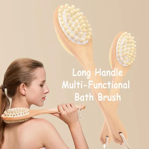 Vista 2 de BoAn Cepillo corporal de cepillado en seco con mango largo y doble cara, cepillo corporal seco para celulitis y linfático, cepillo de baño