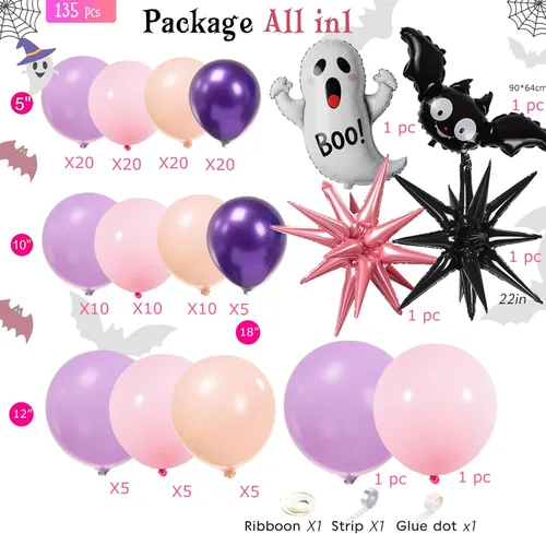 Vista 8 de Kit de arco de guirnalda de globos de cumpleaños pastel de Halloween, 130 globos morados, rosas y naranjas + globos de Mylar de murciélago fantasma