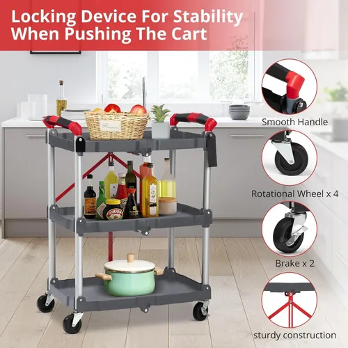Vista 4 de Carrito de servicio plegable portátil de 3 niveles, carrito plegable con ruedas, capacidad de carga de 56 libras por estante, carritos plegables