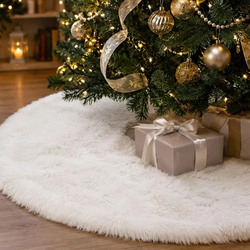 Vista 24 de Faldones de Felpa para Árbol de Navidad, 24 pulgadas, Lujosa Cubierta de Base de Árbol de Navidad de Piel Sintética Negra con Copos de Nieve Dorados
