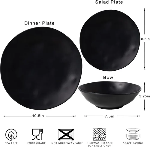 Vista 8 de Juego de platos y cuencos de melamina negra, juegos de vajilla de melamina de 12 piezas para uso en interiores y exteriores, juego de platos ligeros