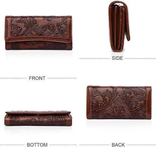 Vista 9 de MEITRUE Cartera de cuero para mujer, con bloqueo RFID, triple pliegue, con relieve, soporte para tarjetas, organizador de chequera para teléfono