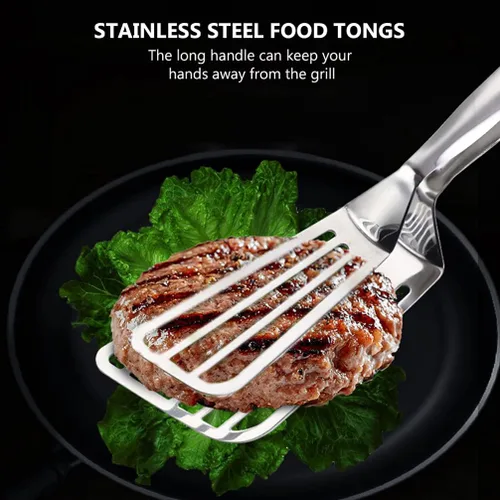 Vista 5 de Yardwe Pinzas de espátula de metal ranuradas, pinzas de cocina, pinzas para alimentos, pinzas para parrilla, pinzas para carne de pescado, pinzas