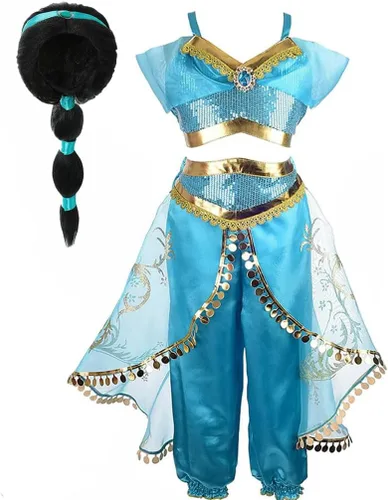 Vista 8 de Disfraz de princesa árabe para niñas con accesorios para la cabeza, accesorios de disfraces para Halloween, cumpleaños, fiesta de Navidad