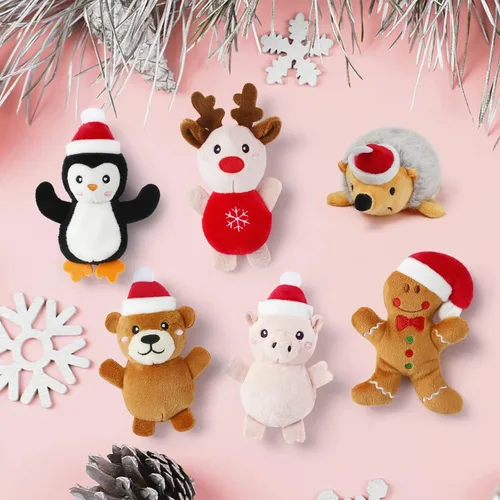 Vista 4 de Senneny Juego de 6 juguetes de Navidad con hierba gatera – reno, hombre de jengibre, oso, cerdito, erizo, pingüino, juguetes de animales de peluche