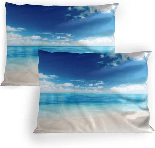 Vista 11 de Lunarable Ocean Pillow Sham Set of 2, Sunset at a Smooth Sandy Beach with Small Wave and Bubbles from The Sea, Quality Microfiber Bedding Item for