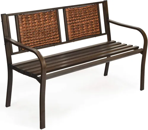 Vista 10 de S AFSTAR Banco de jardín al aire libre, asiento de metal para porche con asiento y respaldo decorativo, sofá biplaza para 2 personas para patio