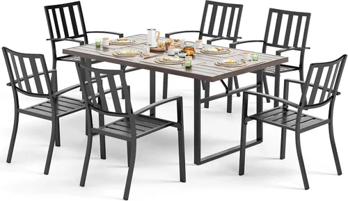 Vista 21 de SUNSHINE VALLEY Juego de 7 sillas de comedor para patio, material metálico, 6 sillas de comedor de color teca rectangular con agujero para sombrilla