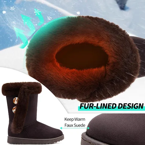 Vista 4 de ALTOCIS Botas de nieve de invierno con forro de piel para mujer, botas cortas de media pantorrilla, botas de moda con botón de resina sintética