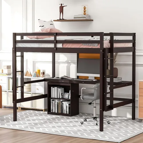 Vista 14 de Cama loft de madera tamaño matrimonial con escritorio en forma de U y espejo de tres pliegues, base de cama tipo loft multifunción con Espresso-10.16