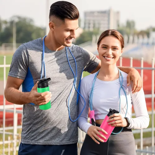 Vista 6 de Eaasty 16 botellas de agua de aluminio de 17 onzas a granel, multicolor reutilizable, botella deportiva con tapas a presión, paquete múltiple