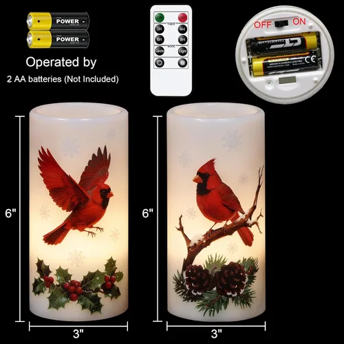 Vista 2 de Velas sin llama de cardenal de Navidad en pilar con control remoto y temporizador, velas LED en portavelas de cera real, vela operada por batería