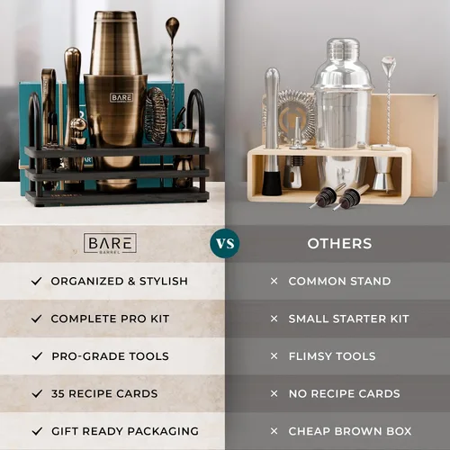 Vista 6 de BARE BARREL Mixology Bartender Kit Bar Set Juego de coctelera de 14 piezas Herramientas de mezcla de Martini Barware para el hogar 35 tarjetas