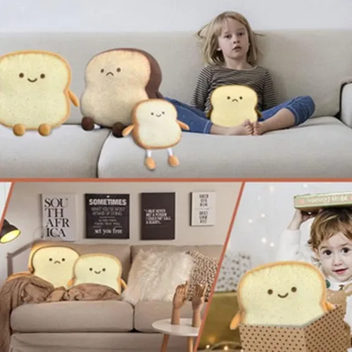 Vista 6 de OUKEYI Almohada de pan tostado, divertido juguete de felpa con forma de pan, expresión facial, suave tostada para niños, adultos, regalo