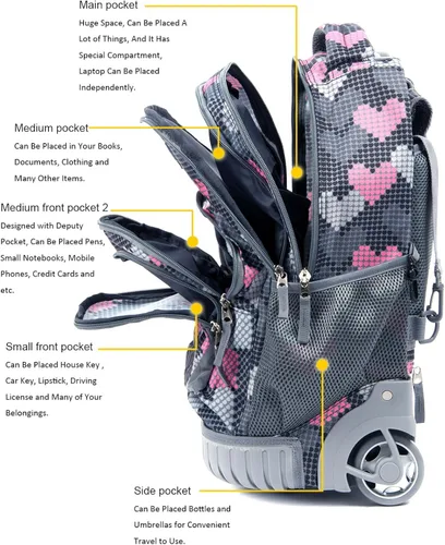 Vista 3 de Tilami Kids mochila con ruedas 18 pulgadas Mochila para laptop para niños y niñas