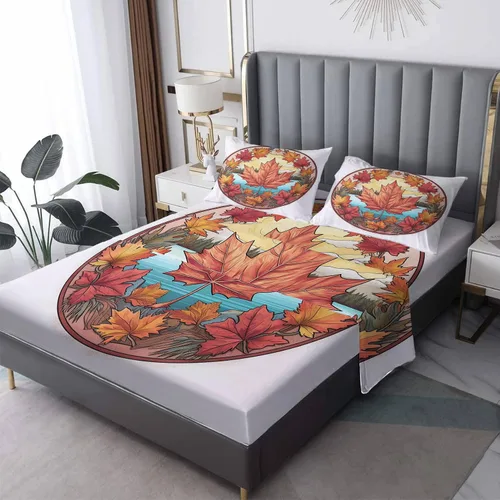 Vista 9 de Sábanas de hojas de otoño tamaño individual – Sábanas de cama de hoja de arce de otoño, microfibra suave, bolsillo profundo, sábanas y fundas