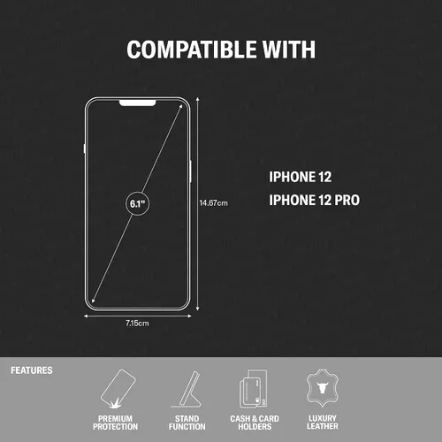 Vista 2 de TORRO Funda de cuero compatible con iPhone 12 / iPhone 12 Pro - Funda de piel auténtica tipo cartera con tarjetero y función de soporte (negro)