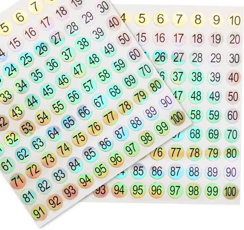 Vista 4 de 10 hojas de 1 a 100 etiquetas adhesivas redondas reflectantes con números láser, autoadhesivas para almacenamiento de inventario, botellas