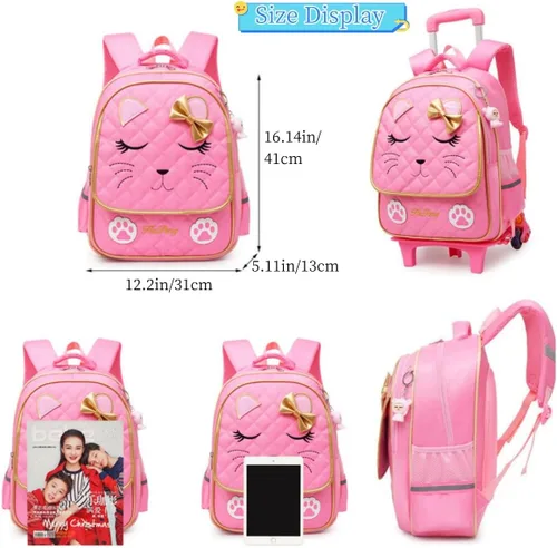 Vista 3 de Mochila con ruedas para niñas, mochila escolar, con estampado de cara de gato, equipaje de mano con ruedas, 2 Ruedas Negro, L, Estilo A -2 Ruedas