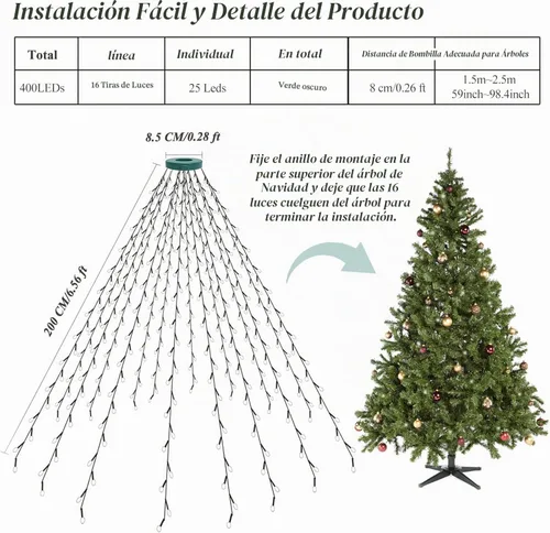Vista 7 de aneeway 400 luces LED para árbol de Navidad, luces de Navidad de 6.6 pies con control remoto y 8 modos, 16 luces de cadena con función de memoria