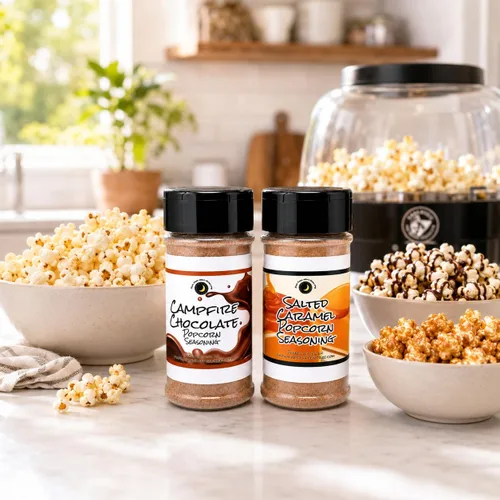 Vista 8 de Premium Paquete de 2 condimentos para palomitas dulces Chocolate y caramelo! Dúo de condimentos de palomitas dulces con sabores Campfire