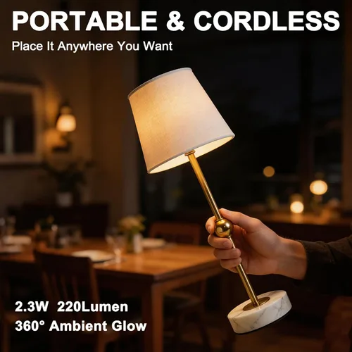 Vista 8 de Lámpara de mesa LED inalámbrica de 17.5 pulgadas, recargable y regulable con bombilla magnética desmontable, base de mármol, acabado de latón, luz