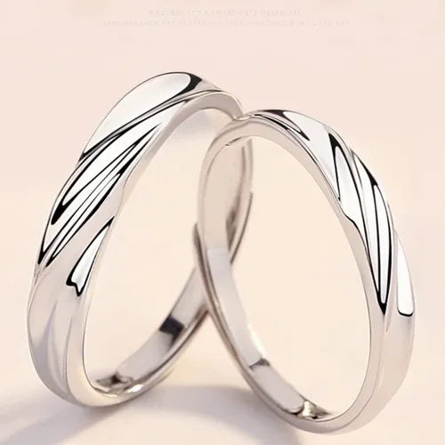 Vista 4 de Anillos a juego para parejas, juego de latidos de corazón ajustables para él y ella, alianzas de plata de ley 925