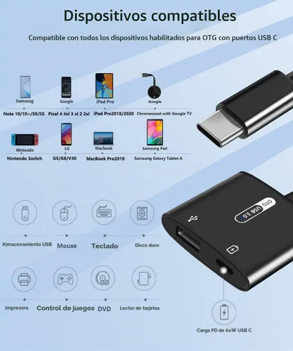 Vista 2 de Adaptador USB C OTG con alimentación, 2 en 1 USB C a USB hembra con adaptador de carga PD de 60 W compatible con iPhone 17/16/15, iPad Pro/Air 6