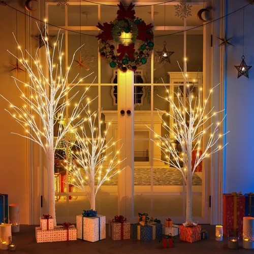 Vista 3 de Hooseng Árbol Iluminado de 4 pies, 5 pies y 6 pies, Paquete de 3, Lámpara de Árbol de Luces de Hadas Árbol Artificial para Festival, Fiesta