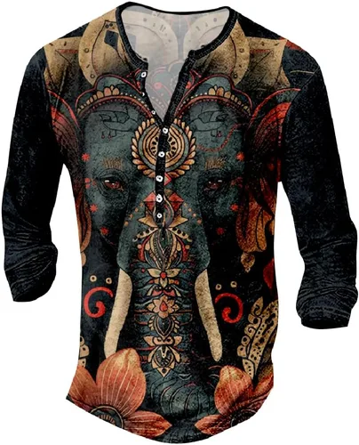 Vista 22 de MARSVOVO Camisetas Henley para hombre, camisetas gráficas artísticas, cuello en V, sin cuello, manga larga, casual, ajustadas, camisas