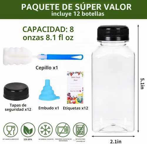 Vista 2 de SUPERLELE 12 botellas de plástico de 8 onzas con tapas, recipientes transparentes reutilizables para jugo con etiquetas, embudo y cepillo