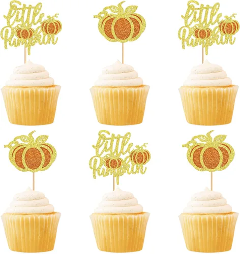 Vista 22 de 24 adornos para cupcakes de calabaza con purpurina, decoraciones de baby shower, tema de cosecha de otoño, suministros para fiestas de cumpleaños