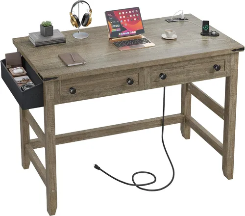 Vista 10 de EnHomee - Escritorio pequeño para computadora con tomas de corriente, escritorio blanco con 2 cajones, pequeña mesa de estudio y escritura
