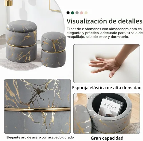 Vista 4 de Furniliving Juego de 2 otomanas redondas de terciopelo para almacenamiento, reposapiés moderno, tapizado, tela bronceada, taburete de tocador