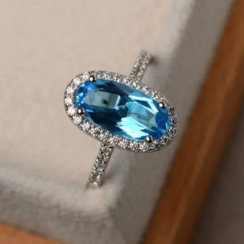 Vista 3 de YUANYI Anillo de compromiso de aniversario con topacio azul ovalado de moda vintage chapado en platino (Código 10 de EE. UU.)