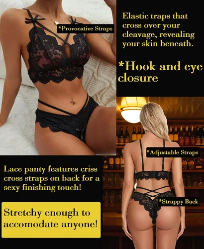 Vista 3 de Conjunto de lencería sexy de brasier y pantaletas con correas finas de encaje