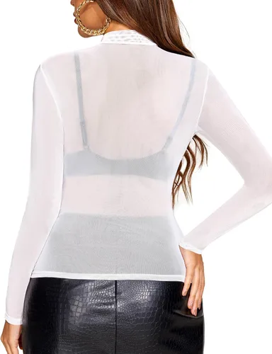 Vista 7 de Avidlove Top de malla para mujer, manga larga, cuello alto falso, S-XXL