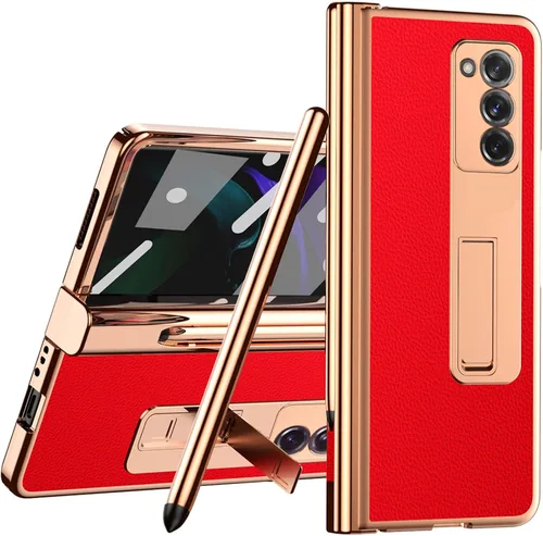 Vista 8 de Miimall Funda compatible con Samsung Galaxy Z Fold 2 con soporte para S Pen y S Pen + cubierta de pantalla + soporte + patrón de cuero chapado todo