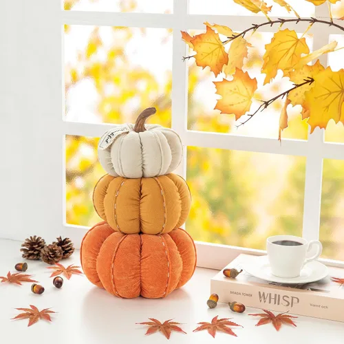 Vista 7 de Glitzhome Decoración de calabazas artificiales de otoño, calabazas de tela apilada, decoración del hogar, decoración de bandeja interior de otoño